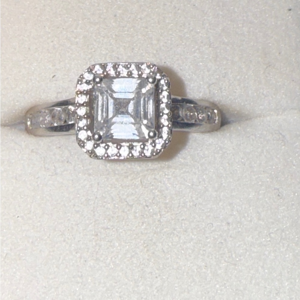 Radiant Silver Square Halo Ring